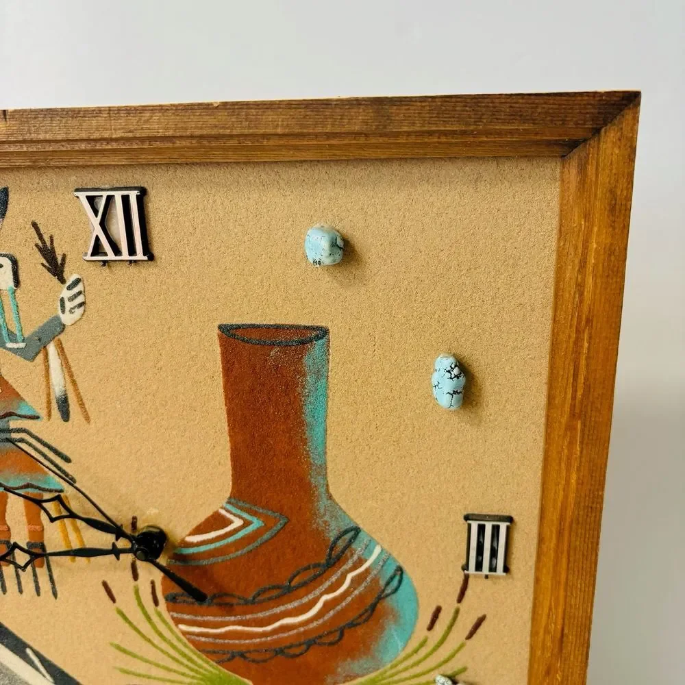 Vintage‎ Native American Navajo Turquoise Stones Sand Painting Art Clock VTG